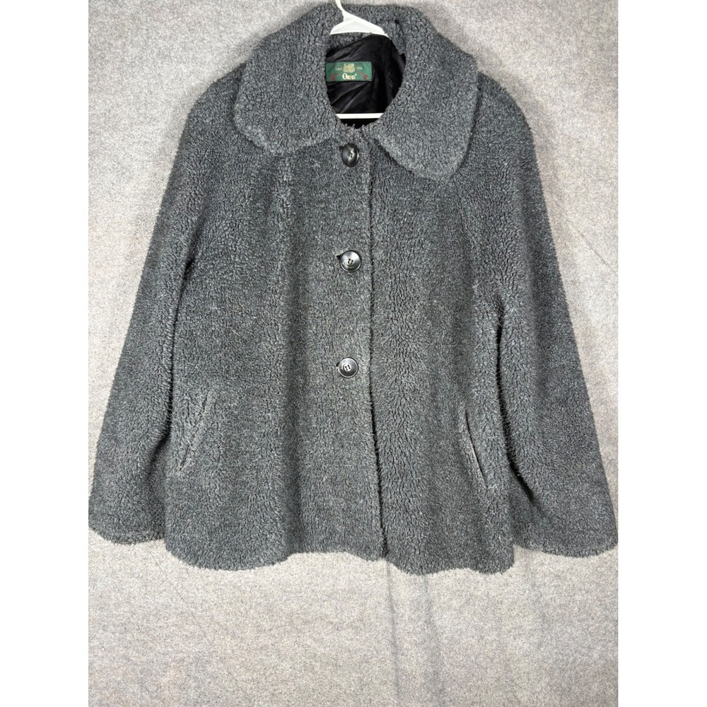 Orvis Gray Sherpa Fleece Teddy Jacket Coat Button Front Made in USA Womens XL